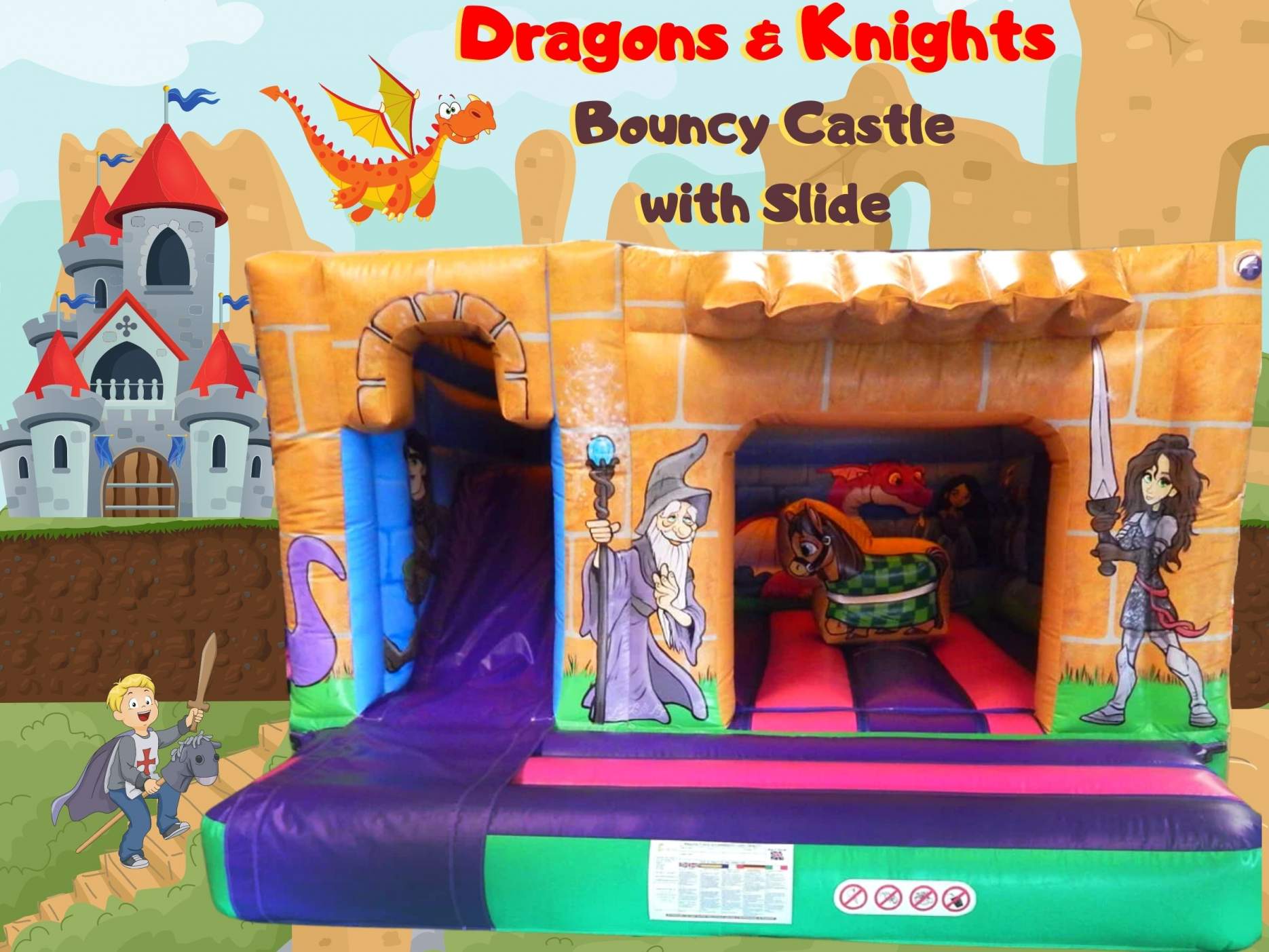 Dragons & Knights Bouncy Castle with Slide Dragons & Knights Bouncy Castle with Slide available for hire in Surrey